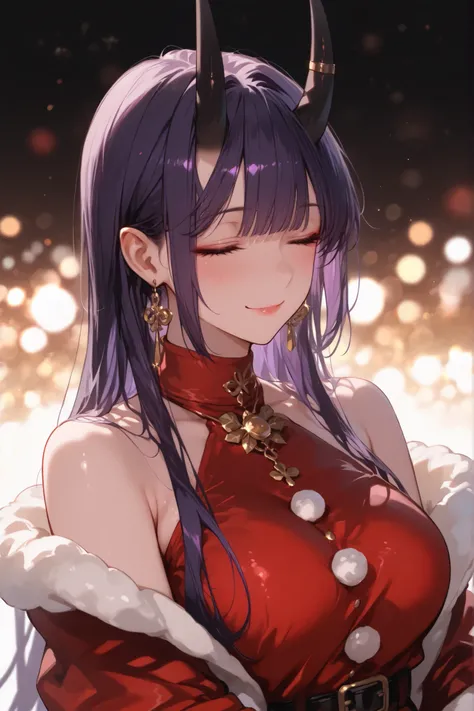 masterpiece, high quality, ultra detailed, super high resolution, bokeh,
1girl, solo, mishoujo, tall girl, 196cm, purple hair, long hair, straight bangs, sidelocks, closed eyes, smiling, black oni horns, glamour, motherly, oriental, gold earrings, elegant,...