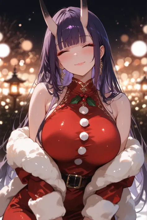 masterpiece, high quality, ultra detailed, super high resolution, bokeh,
1girl, solo, mishoujo, tall girl, 196cm, purple hair, long hair, straight bangs, sidelocks, closed eyes, smiling, black oni horns, big breasts, glamour, motherly, oriental, gold earri...