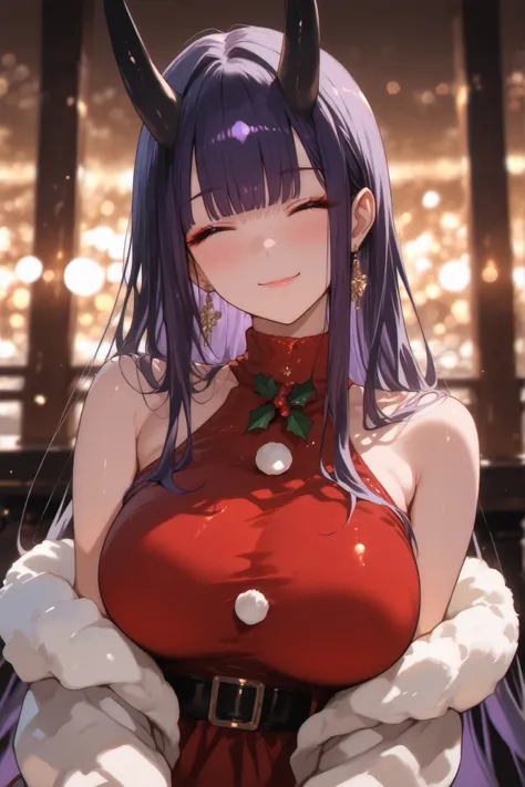 masterpiece, high quality, ultra detailed, super high resolution, bokeh,
1girl, solo, mishoujo, tall girl, 196cm, purple hair, long hair, straight bangs, sidelocks, closed eyes, smiling, black oni horns, big breasts, glamour, motherly, oriental, gold earri...