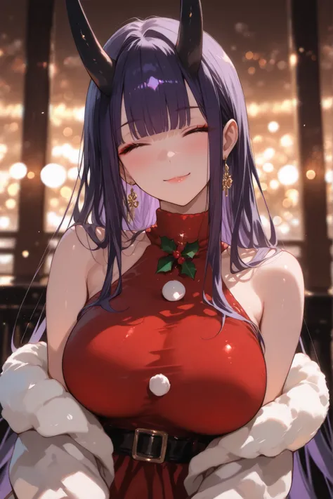 masterpiece, high quality, ultra detailed, super high resolution, bokeh,
1girl, solo, mishoujo, tall girl, 196cm, purple hair, long hair, straight bangs, sidelocks, closed eyes, smiling, black oni horns, big breasts, glamour, motherly, oriental, gold earri...