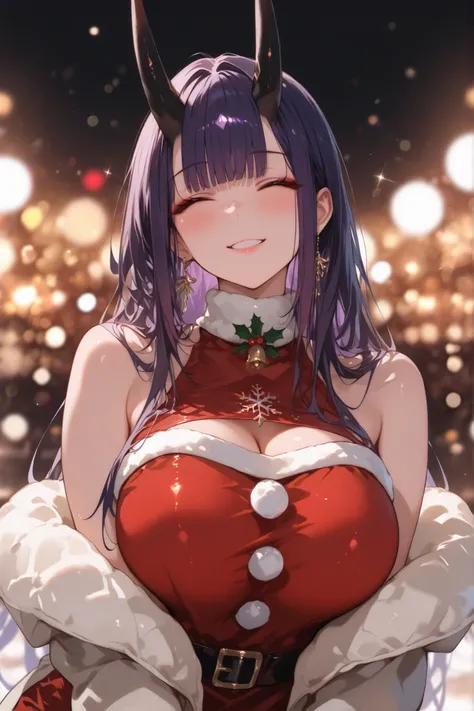 masterpiece, high quality, ultra detailed, super high resolution, bokeh,
1girl, solo, mishoujo, tall girl, 196cm, purple hair, long hair, straight bangs, sidelocks, closed eyes, smiling, black oni horns, big breasts, glamour, motherly, oriental, gold earri...
