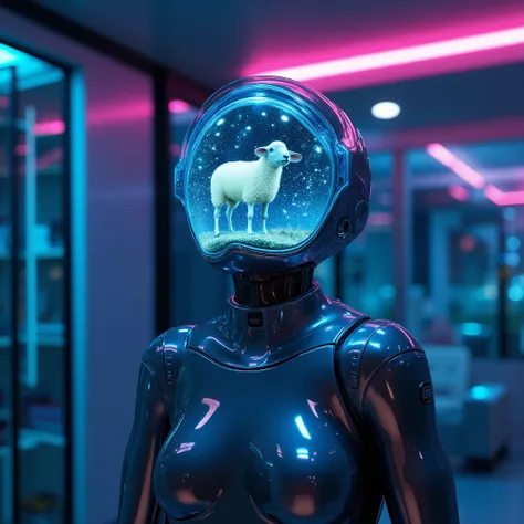 A melancholic android standing alone in a dim, futuristic room, softly illuminated by neon light.
Inside a transparent head or visor, a surreal dreamscape forms: an electric sheep made of glowing circuits and fiber-optic wool, floating in a cosmic field of...