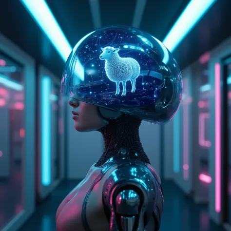 A melancholic android standing alone in a dim, futuristic room, softly illuminated by neon light.
Inside a transparent head or visor, a surreal dreamscape forms: an electric sheep made of glowing circuits and fiber-optic wool, floating in a cosmic field of...
