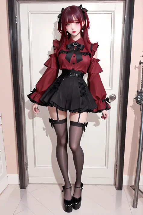  (inspired by ),(masterpiece, best quality),beautiful-woman, ((detailed face)),((detailed body)),(full body:1.3).

1-woman,
(The woman is wearing jirai-kei fashion),(jirai-kei)

Wine-red long-sleeve blouse with black lace trim, front ruffle detail, and rib...