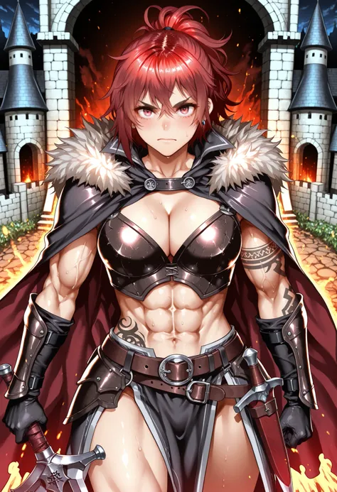 score_9_up , score_8_up , score_7 , masterpiece, fantasy world, Castle Town, 2girl, unless you have a portal,(onna_tomodachi, Red Hair Ponytail Hair, messy bangs,  Big Sword, Red One Point on Black,  Leather Armor, dark eyebrows, Belt with Dagger Hairs), (...