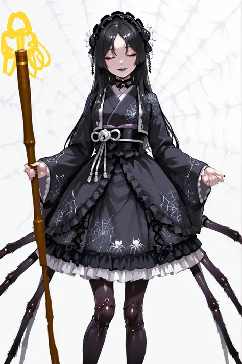 Monster girl. Lace hair accessory. Spider web hair accessory. Black hair. Parted bangs. Closed eyes. Grinning face. Black lips. Black dress. Gothic Lolita dress. Ruffles. Japanese kimono jacket. Spider leg decoration on skirt. Buddhist rod. White backgroun...