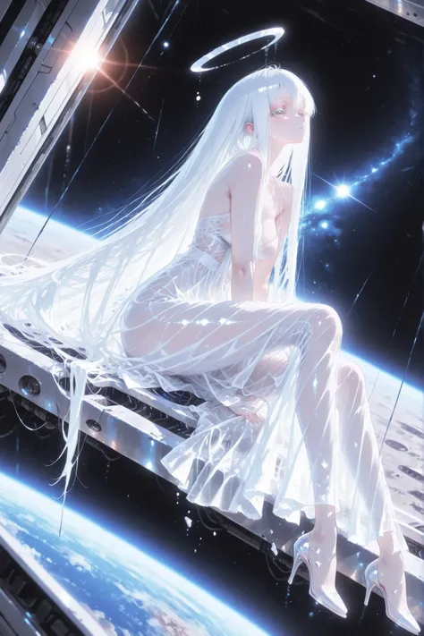 aria,white hair, white eyelashes, see through clothing, high heels, dreamy atmosphire, ((A girl drifts through space. )) Mist swirls,Sitting on a meteorite