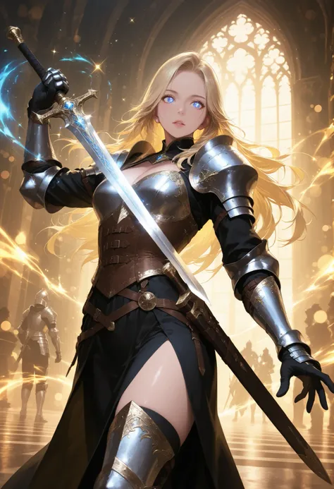 Fantasy Female Knight, Corset Dress, Plate Armor, Blonde, long hair, air intake, Sparkle in the eyes, glossy lips, slender body, sexy body, 4 fingers, Sword Swinging Down Action, Speedline in Nerf Building, High Fine、Realistic、super detail、Created by expe...