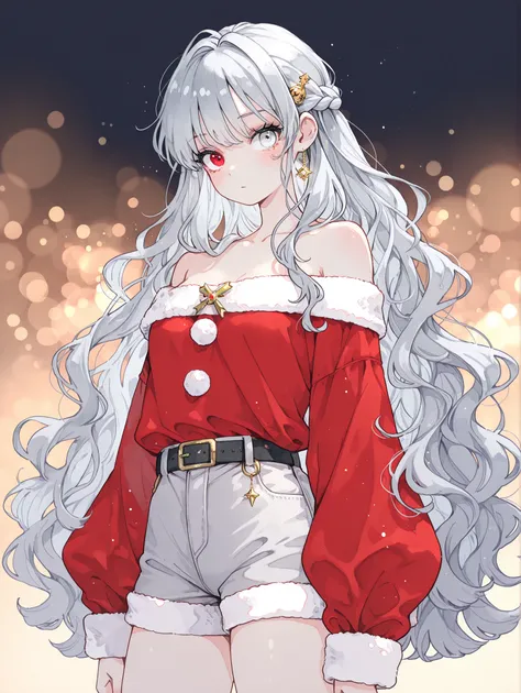 masterpiece, best quality, bokeh, (watercolor), (pastelcolor), 1girl, very long hair, silver hair, wavy hair, half up half down braid, flawless skin, ((heterochromia, light gray eye, gold eye:1.2)), long eyelashes, santa clothes, over size top, off shoulde...
