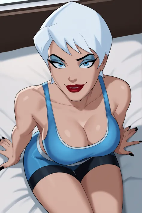 BREAK, score_9, score_8_up, score_7_up, score_6_up, masterpiece, high quality, perfect face, perfect eyes, JLUIce, solo, 1girl, white hair, short hair, blue eyes, red lipstick, makeup, very large breasts, curvy, athletic, cleavage, smile, closed mouth, sed...