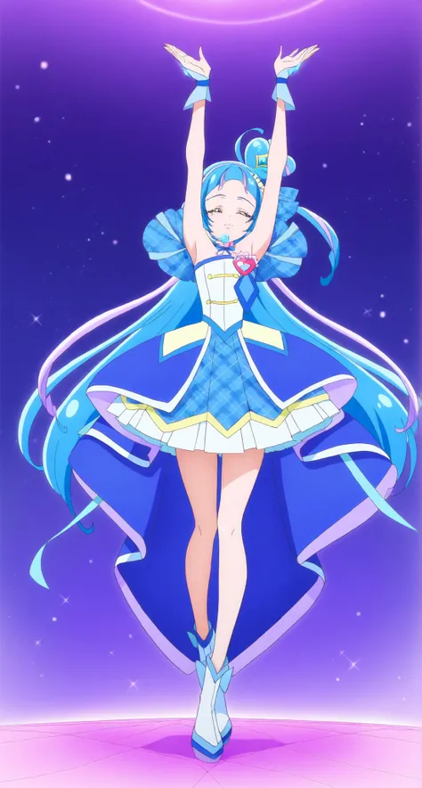 cure wink, kimi to idol precure, blue hair, magical girl, mini crown, closed eyes, blue dress, tilted headwear, very long hair, blunt bangs, bare shoulders, hairband, two-tone hair, purple hair, jewelry, idol clothes, idol, masterpiece, best quality, newes...