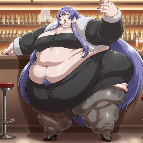 teltina-default,yellow eyes,purple hair,very long hair,sidelocks, mature female, furr jacket, tube top, midriff, belly button piercing, skirt, stockings, high heels, long nails, makeup, lipstick, fat, chubby, obese, fat neck, multiple chins, big breasts op...