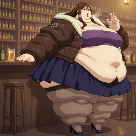 <lora:Vianca_Tondemo_Skill_de_Isekai_Hourou_Meshi_IL:1> , tondemovianca, long hair, brown hair, brown eyes, thick lips, mature female, furr jacket, tube top, midriff, belly button piercing, skirt, stockings, high heels, long nails, makeup, lipstick, fat, c...