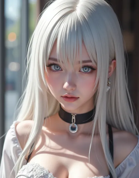 close up (hyperrealistic) by Elizabeth Liones Nanatsu no Taizai,white hair,ultra-detailed eyes,Emphasized chest ,(RAW photo),(photorealistic),(masterpiece),(High Quality),(definition 8k ),(clothing),REALISTIC ANIME STYLE,fantasy background, movie lighting