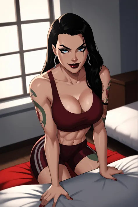 BREAK, score_9, score_8_up, score_7_up, score_6_up, Roulette, 1girl, solo, black hair, blue eyes, long hair, lipstick, makeup, large breasts, cleavage, curvy, athletic, shoulder tattoo, thigh tattoo, looking at viewer, seducing viewer, teasing viewer, smil...