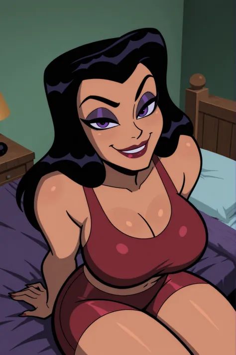 BREAK, score_8_up, score_7_up, score_6_up, score_9, h00nt33s 1girl, solo, long hair, large breasts, smile, black hair, purple eyes, makeup, lipstick, cleavage, curvy, athletic, looking at viewer, seducing viewer, teasing viewer, indoors, bedroom, sitting o...