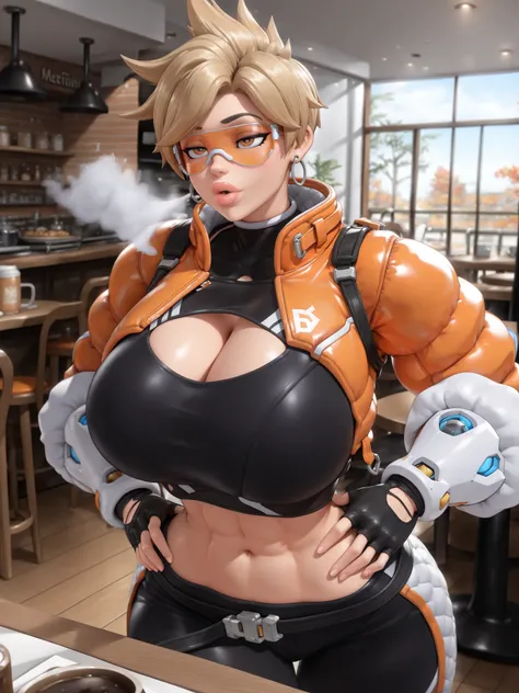 owtracer, le sserafim tracer, 1 girl, solo, blonde hair, spiky hair, orange glasses, earrings, crop top, cleavage cutout, puffy jacket, cropped jacket, leggings, 1girl, gigantic breasts, wide hips, gigantic thighs, narrow waist, abs, masterpiece, best qual...