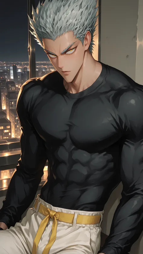 top quality underneath, very detailed illustration.
Garou (One Punch Man) Base male character.
rebellious short silver hair, Sharp golden eyes, Clear jawline and mature masculine beauty.
Black Comfort Tee, white gi pants, Yellow waistband showing onl...
