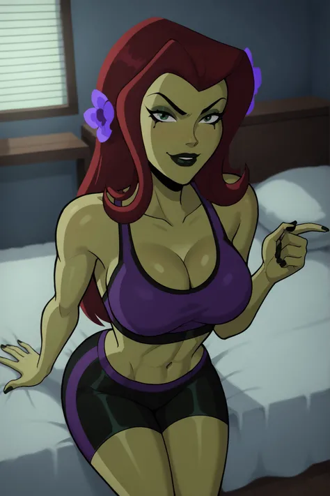 2d, score_9, score_8_up, score_7_up, score_6_up, flower, BREAK, 1girl, solo, standing, red hair, PIVYbatb, green skin, cleavage, curvy, athletic, makeup, smile, closed mouth, large breasts, long hair, black lips, hair ornament, seductive expression, bedroo...