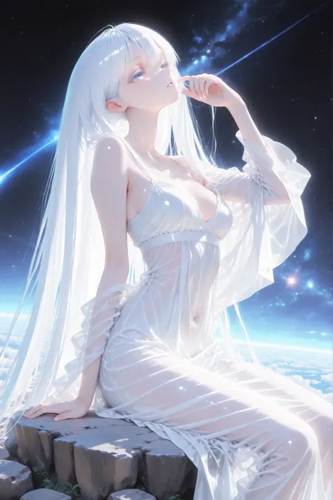 aria, white hair, white eyelashes, see through clothing, dreamy atmosphere, outer space, Sitting on a Rock mass