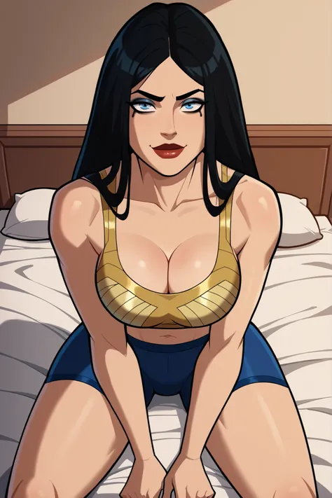  score_9, score_8_up, score_7_up, score_6_up, BREAK, solo, 1girl, wonderwoman, long hair, black hair, blue eyes, large breasts, cleavage, curvy, athletic, smile, closed mouth bedroom eyes, seductive expression, looking at viewer, seducing viewer, teasing v...