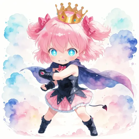 chibi anime girl pretending to be a mighty boss,
tiny demon lord with oversized crown and cape,
glossy watercolor aesthetic, pastel magical smoke,
dramatic pose but small and cute, glowing rimlight,
funny intimidating expression, beginner village boss feel...