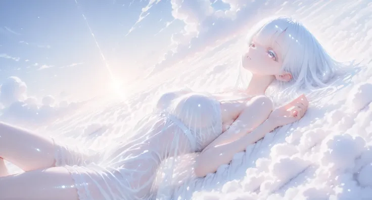 aria, white hair, white eyelashes, see through clothing, dreamy atmosphere, Lying on top of the clouds