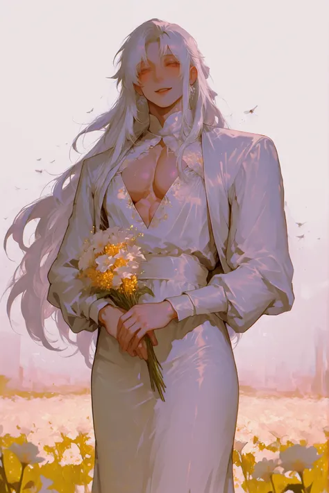 (Only a man) a chubby man, very long white hair flies softly,  white fox falls down,   Young Beautiful Face , beautiful body,    soft skin ,    soft body    ,large pectoral muscles ,  Toned hips , tender eyes, smiling happily,  wearing an evening dress  , ...