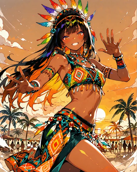 masterpiece, best quality, ultra-detailed, perfect anatomy, 
748cmstyle, 
dark–skinned beautiful girl dancing at a tribal party, tribal festival, energetic dance pose, open hands, smiling, flowing black hair, colorful feather headdress, bead accessories, e...