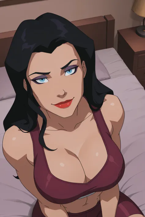 BREAK, score_6_up, score_7_up, score_8_up, score_9, zatannaYoungJustice, 1girl, solo, black hair, lipstick, blue eyes, makeup, red lips, long hair, large breasts, busty, cleavage, curvy, athletic, looking at viewer, seducing viewer, teasing viewer, seducti...