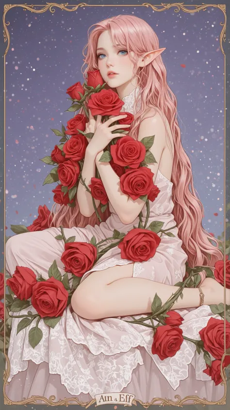 Draw a woman with pink hair, long, wavy hair, blue eyes, an elf, holding roses.