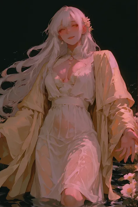 Top to bottom angle.(Only a man) a chubby man, very long white hair flies gently,   Young Beautiful Face , beautiful body,    soft skin ,    soft body    ,large pectoral muscles ,  Toned hips , tender eyes, smiling happily,  wearing an evening dress  , dre...