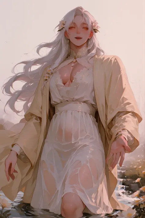 Top to bottom angle.(Only a man) a chubby man, very long white hair flies gently,   Young man Beautiful Face , shirt,  beautiful body,    soft skin ,    soft body    ,large pectoral muscles ,  Toned hips , tender eyes, smiling happily,  wearing an evening ...