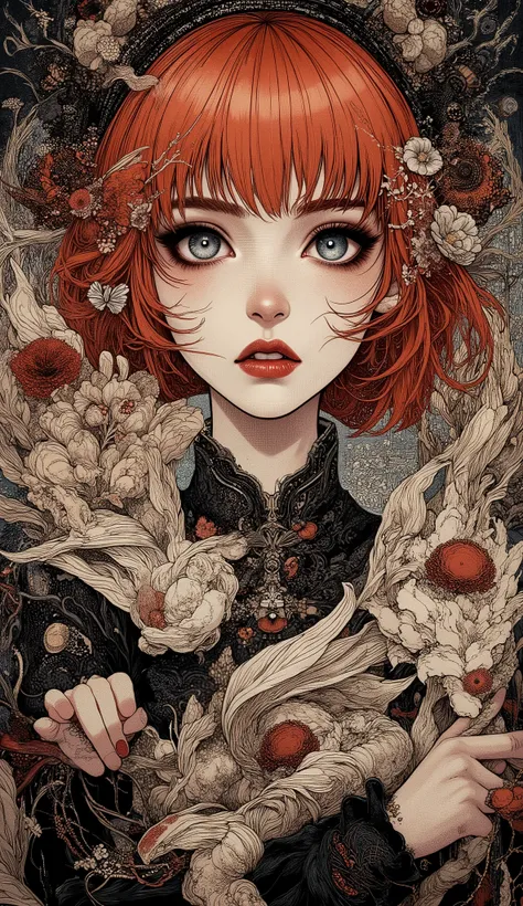 (A fusion of Ukiyo-e and dark fantasy. Aesthetic and Gothic Digital Art. The illustrations are drawn from the point of view of a bottom-up look.) beautiful curvy girl, capelli rossi,pelle chiarissima, artigli di felino,ali di gufo,1:1