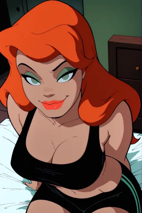 BREAK, score_6_up, score_7_up, score_8_up, score_9, Pamela Isley, 1girl, solo, orange hair, green eyes, lipstick, makeup, large breasts, cleavage, curvy, athletic, busty, masterpiece, best quality, newest, absurdres, ultra highres, amazing quality, very ae...