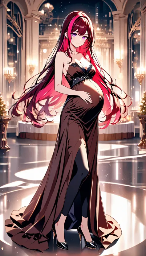 High Resolution, Best Quality, Super Detailed, Masterpiece, 4K, ballroom, night, 1girl, red hair, pink streaks, long hair, straight hair, elegant hair, unadorned hair, mixed color hair, violet eyes, medium breasts, pregnant, tall body, adult body, brown dr...