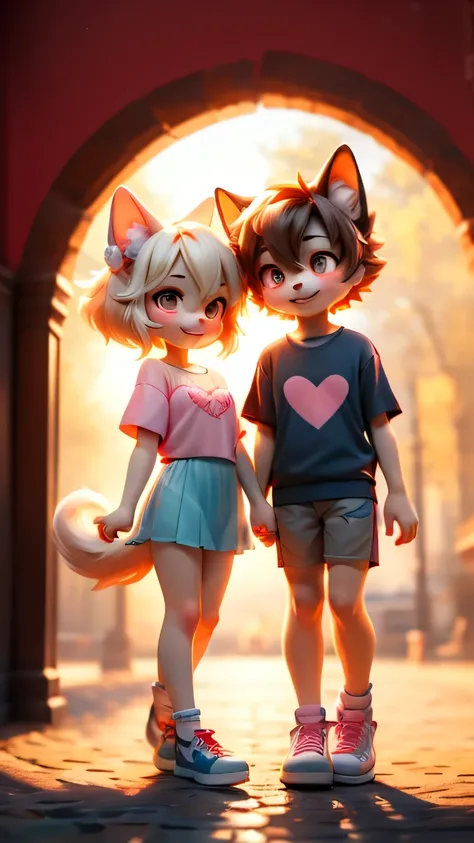 cool dog boy、cute dog girl、couple、 wear clothes、hold hands、pink heart arch background