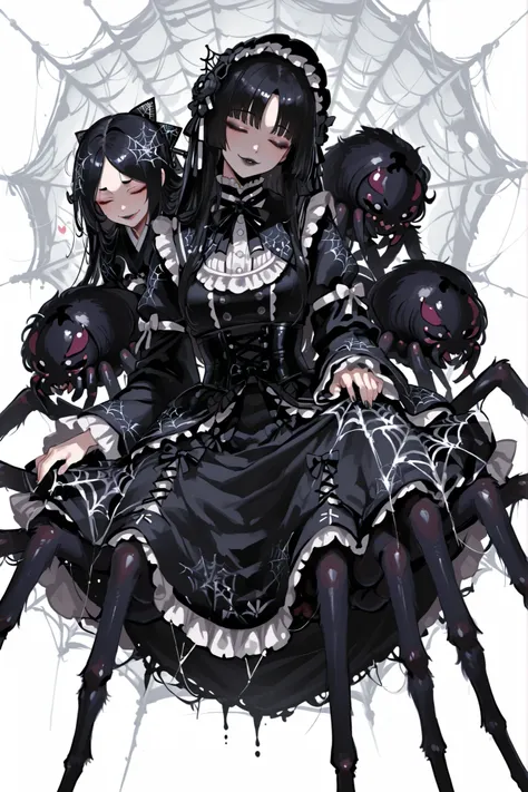 Monster girl. Lace hair accessory. Spider web hair accessory. Black hair. Parted bangs. Closed eyes. Grinning face. Black lips. Black dress. Gothic Lolita dress. Ruffles. Japanese kimono. Buddhist robes. Spider leg decoration on skirt. Buddhist rod. White ...