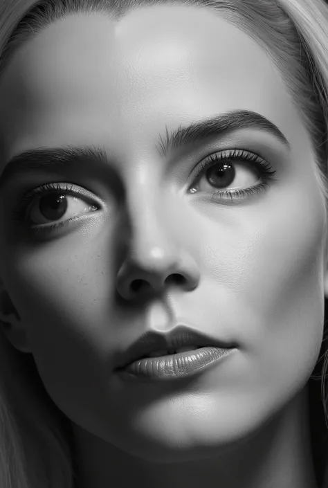 close-up black and white portrait of a blonde girl, detailed perfect face, perfect face model, longer eyebrows, finely detailed perfect face, thick eyebrows, large bushy eyebrows, perfect face, straight eyebrows, close-up perfect face, clean beautiful symm...