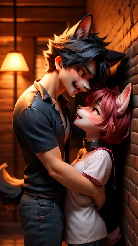 cool dog boy、cute dog girl、couple、Bite on the neck、vampire dog、Wall-don