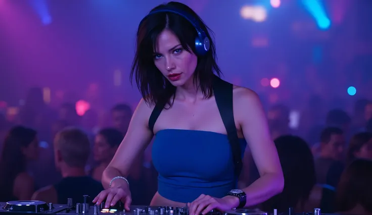 Sienna Guillory as Jill Valentine in a stage in front of a DJ console and using it , wearing a tight blue crop top , wearing shiny blue headphones , watching to the camera, using a DJ console in a stage , DJ console with shiny and colorful neon lights , wh...