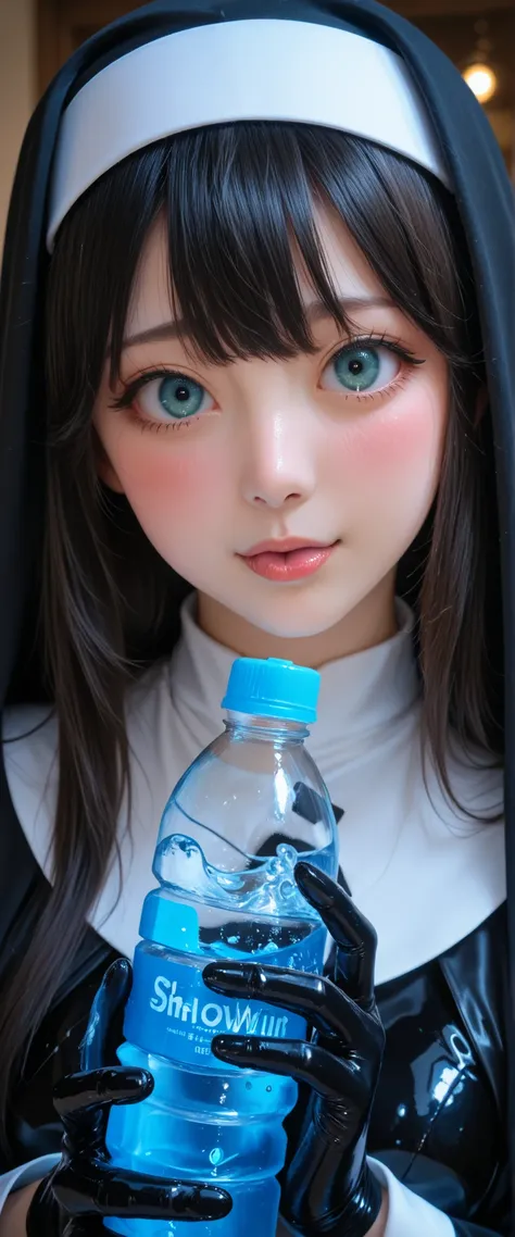 A girl in a black nun's outfit is holding a black latex water bottle. She's nervous and shy, show off licking side of bottle,
<KY_0002, glowing,
