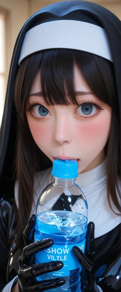A girl in a black nun's outfit is holding a black latex water bottle. She's nervous and shy, show off vacuum fellatio bottle,
<KY_0002, glowing,