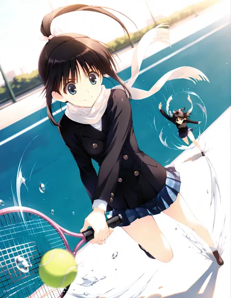 masterpiece,best quality,good quality,newest, outdoors,day, smile, looking at viewer, solo, anime coloring, sugiura_koharu\(white_album_2\),1girl,black hair,ponytail,hair ribbon,blue eyes, white scarf,black jacket,double-breasted, plaid_skirt,pleated_skir...