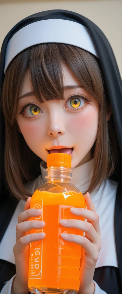 A girl in a black nun's outfit is holding a orange water bottle. She's nervous and shy, show off eating as vacuum fellatio bottle,
<KY_0002, glowing,