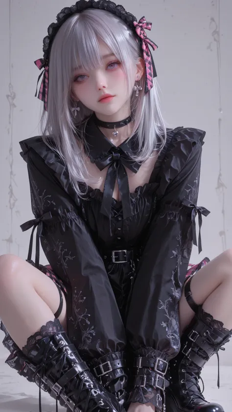 (finely best quality illustration:1.5), (1girl, solo:1),beautiful skin,perfect eyes,Jewelry eyes, (black gothic cropped frilled blouse with long sleeves and ruffle cuffs, small pink ribbon bow at neckline, lace-up ribbon details on sleeves, black choker c...