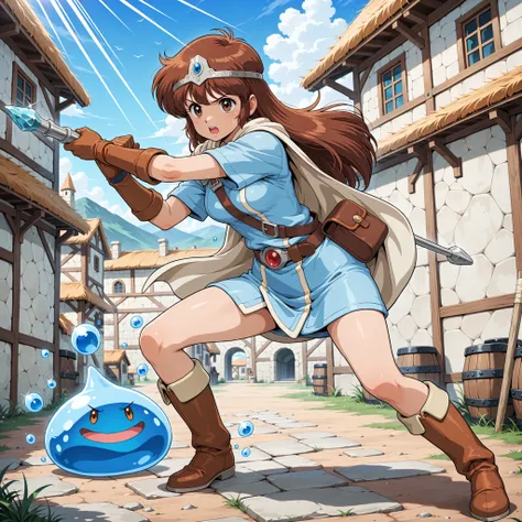 1girl, Ki from Tower of Druaga, long brown hair, brown eyes, wearing a short pale blue tunic, tan brown glove, belt, very brown hide boots, silver circlet, holding a small rod with a blue crystal tip, determined expression action pose, doing battle with a ...