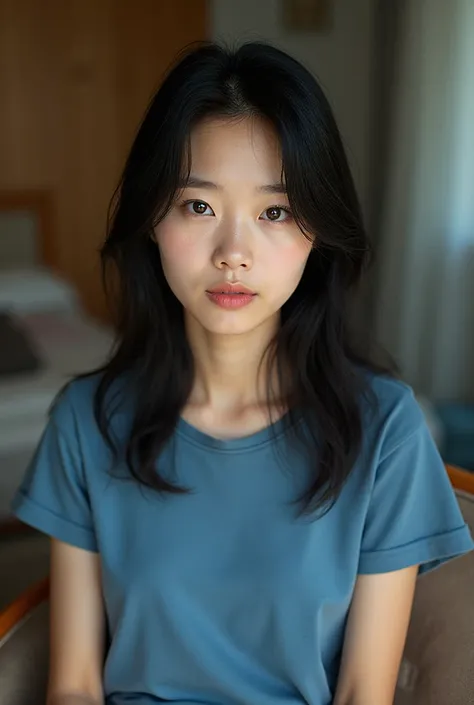 27-year-old Chinese woman wearing a blue t-shirt sitting on her bedroom chair taking a selfie