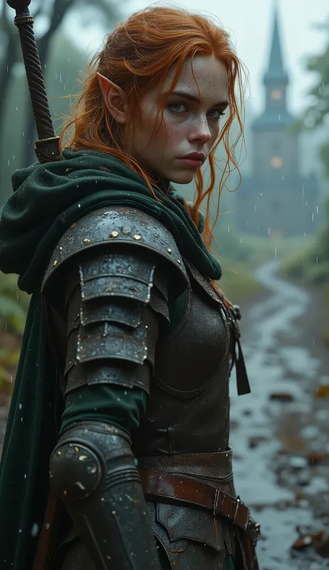 Photorealistic candid shot of a fierce young elven ranger woman walking toward the viewer along muddy forest road in heavy pouring rain, captured in dynamic three-quarter view from front-side angle like accidental paparazzi photo, (she is slightly turned t...