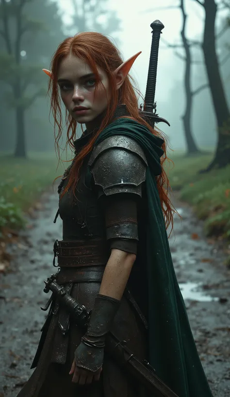 Photorealistic candid shot of a fierce young elven ranger woman walking toward the viewer along muddy forest road in heavy pouring rain, captured in dynamic three-quarter view from front-side angle like accidental paparazzi photo, (she is slightly turned t...